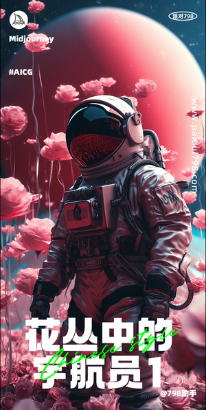 站在花丛中的宇航员-1-情人节海报素材